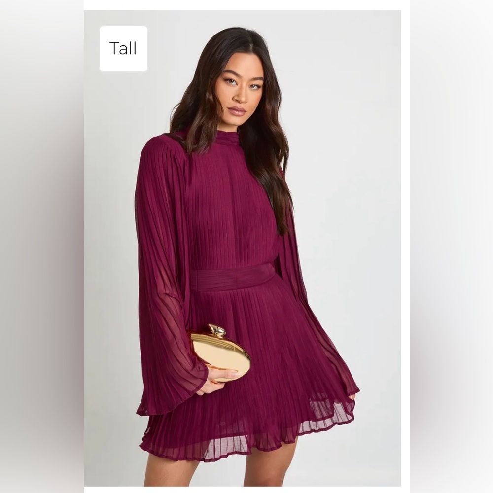 Boohoo Wine Long Sleeve Pleated Dress